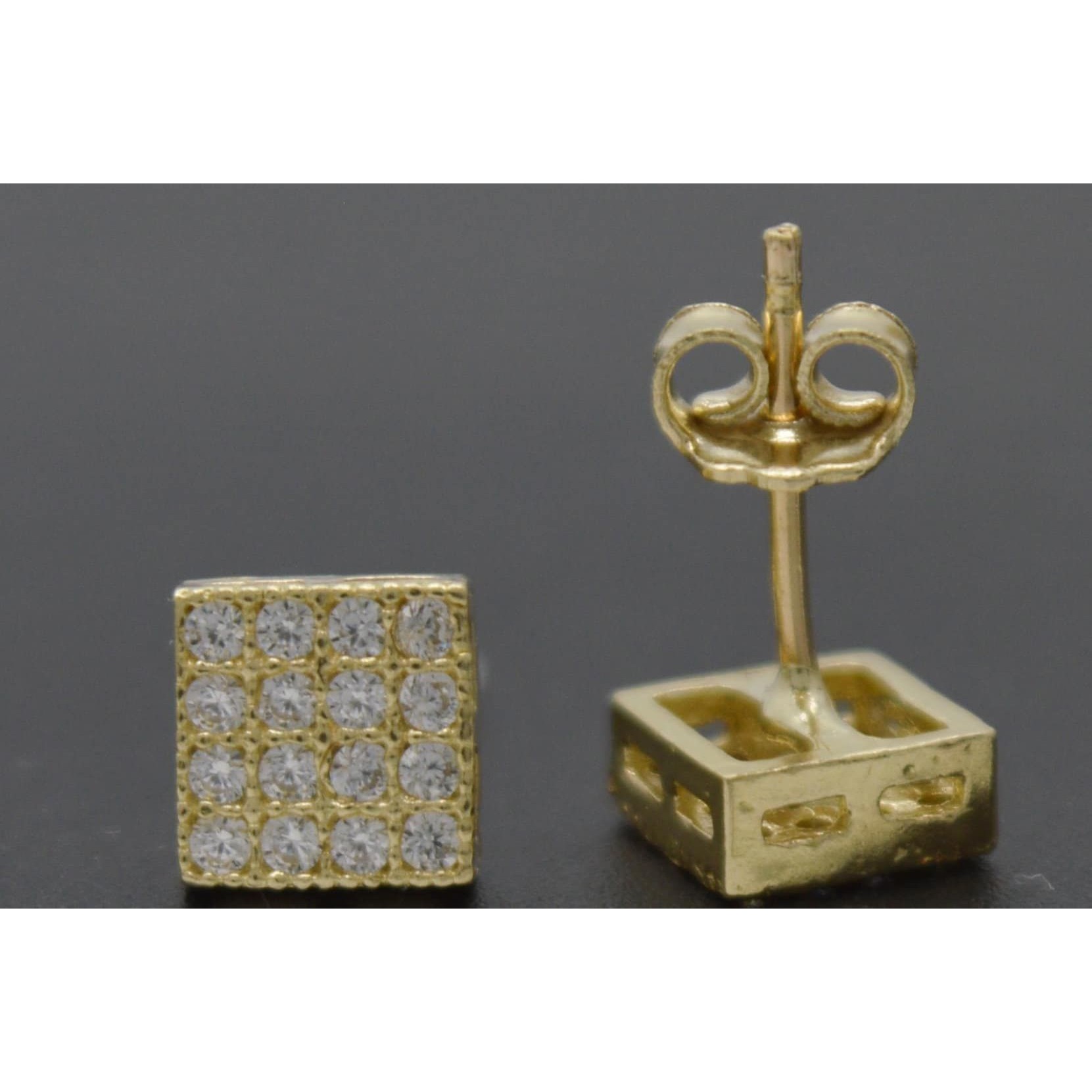 Real 10k Solid Yellow Gold 6mm Square Pav Cz Stud Earrings 1.3gr